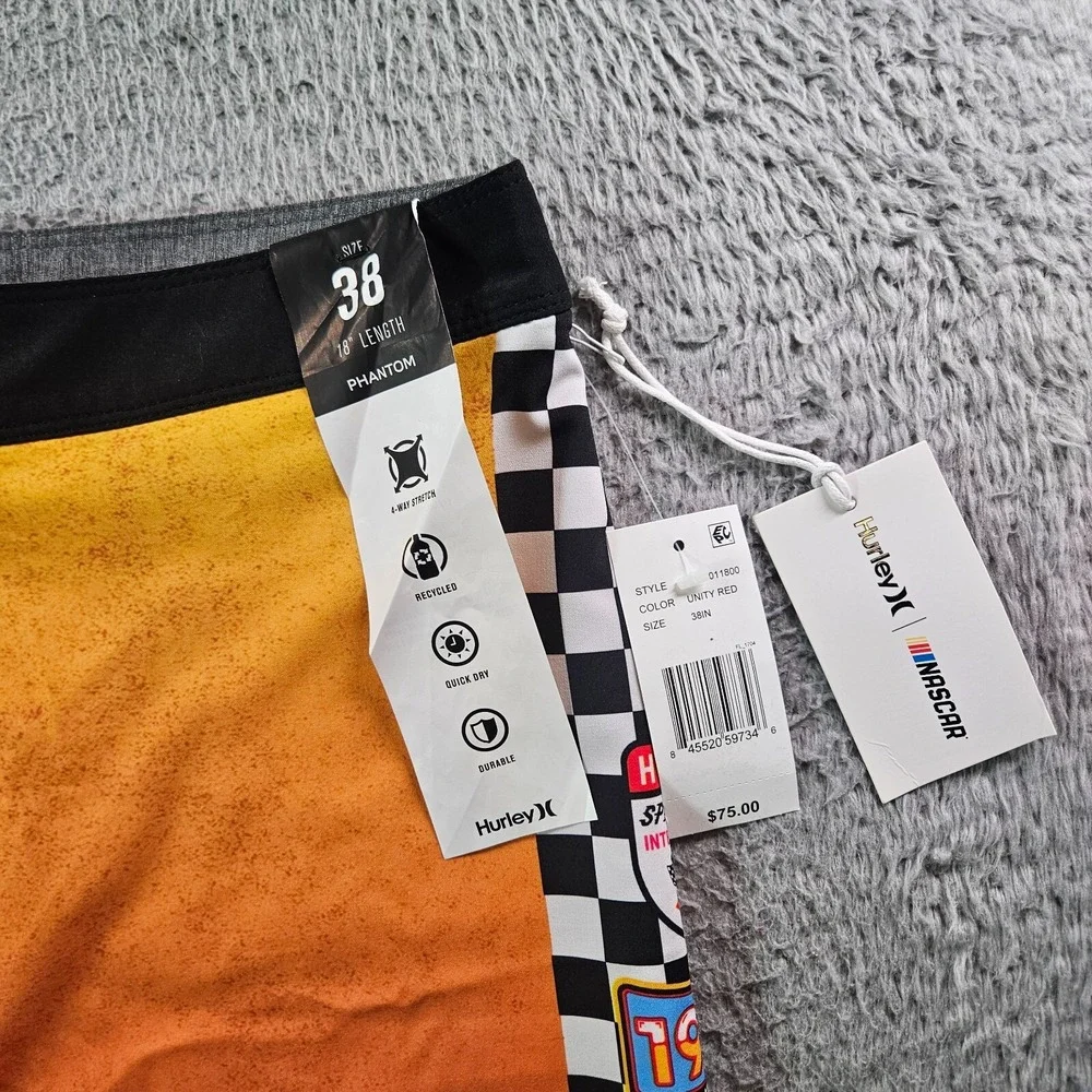 NWT Hurley Nascar Board Shorts Swim Trunks Men 38 No Liner Racing‎ Car Orange